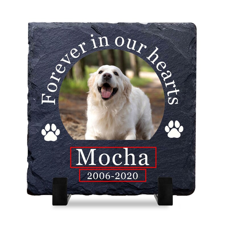 Regalos conmemorativos personalizados para perros, placas conmemorativas personalizadas para mascotas, regalos de duelo por mascotas con cualquier foto y nombre, regalos de placa de tumba de pizarra natural Design 1