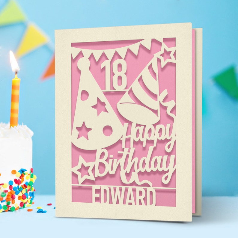 Personalized Happy Birthday Card Paper Cut Happy Birthday Card for Him Her Women Girl Boy Men Custom Gift with Envelope 16th 18th 21st 30th Candy Pink