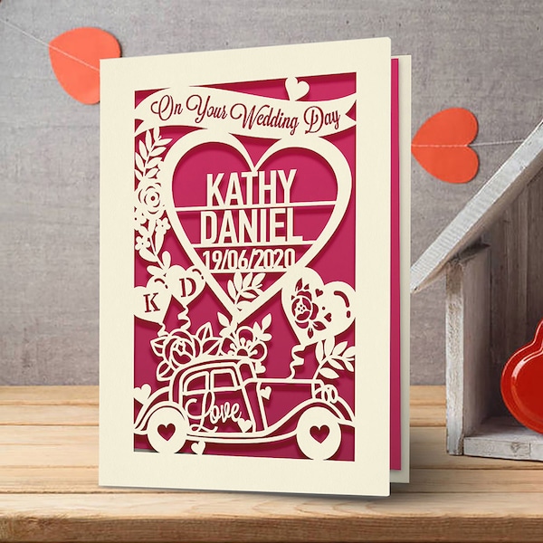 Personalized Wedding Card Custom Wedding Gift With Car And Hearts Design Perfect Gift For New Couple With Their Names And Wedding Date