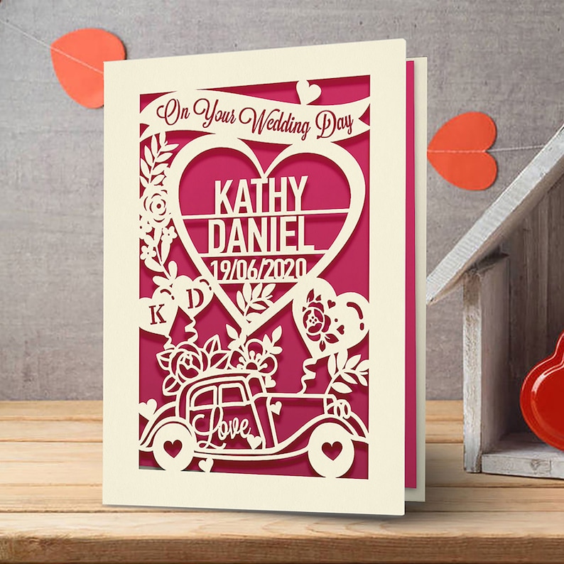 Personalized Wedding Card Custom Wedding Gift With Car And Hearts Design Perfect Gift For New Couple With Their Names And Wedding Date Fuchsia