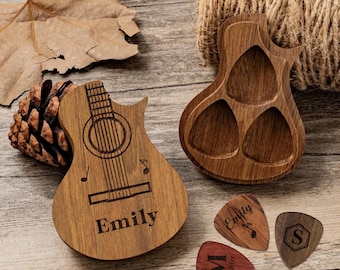 Personalized Guitar Pick Holder - Custom Engraved Wood or Stainless Steel Guitar Picks with Case, Music Gifts for Christmas Valentines
