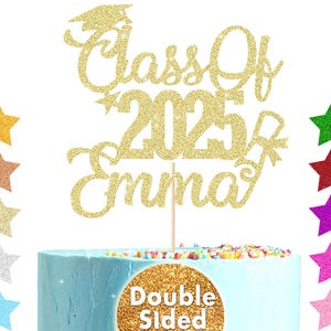 Personalized Cake Topper Custom Congrats Graduation Hat Student Class of 2025 Double Sided Glitter Card Hand Finished in US