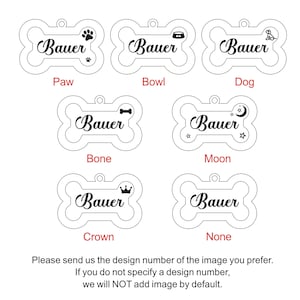 May include: Six different dog tag designs with the name "Bauer" on each. The designs include a paw print, a bowl, a dog, a bone, a moon with stars, and a crown.