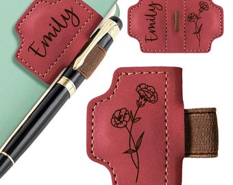 Personalized Magnetic Leather Pen Holder Bookmark, Custom Bookmark Clip with Birth Flower Mothers, Gifts for Men Women Teachers Christmas