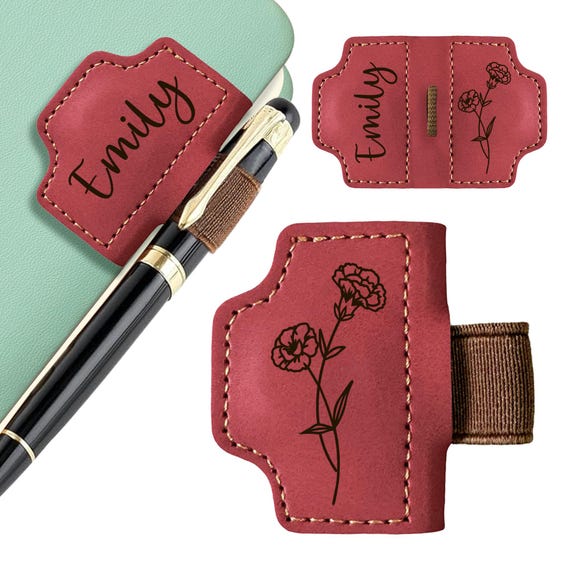 Personalized Magnetic Leather Pen Holder Bookmark, Custom Bookmark Clip with Birth Flower Mothers, Gifts for Men Women Teachers Christmas