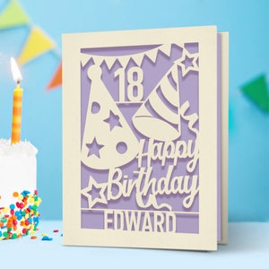 Personalized Happy Birthday Card Paper Cut Happy Birthday Card for Him Her Women Girl Boy Men Custom Gift with Envelope 16th 18th 21st 30th Lilac Purple