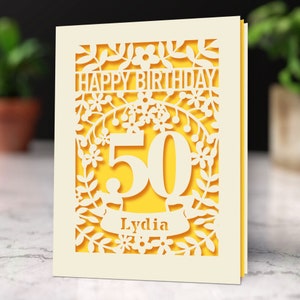 Tarjeta de cumpleaños personalizada, corte de papel láser, tarjeta de cumpleaños con flores de edad especial, cualquier nombre, cualquier edad, 1, 16, 21, 30, 50, 70, 80 Gold