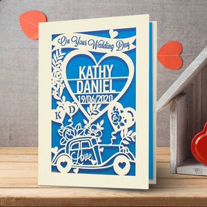 Personalized Wedding Card Custom Wedding Gift With Car And Hearts Design Perfect Gift For New Couple With Their Names And Wedding Date Deep Blue