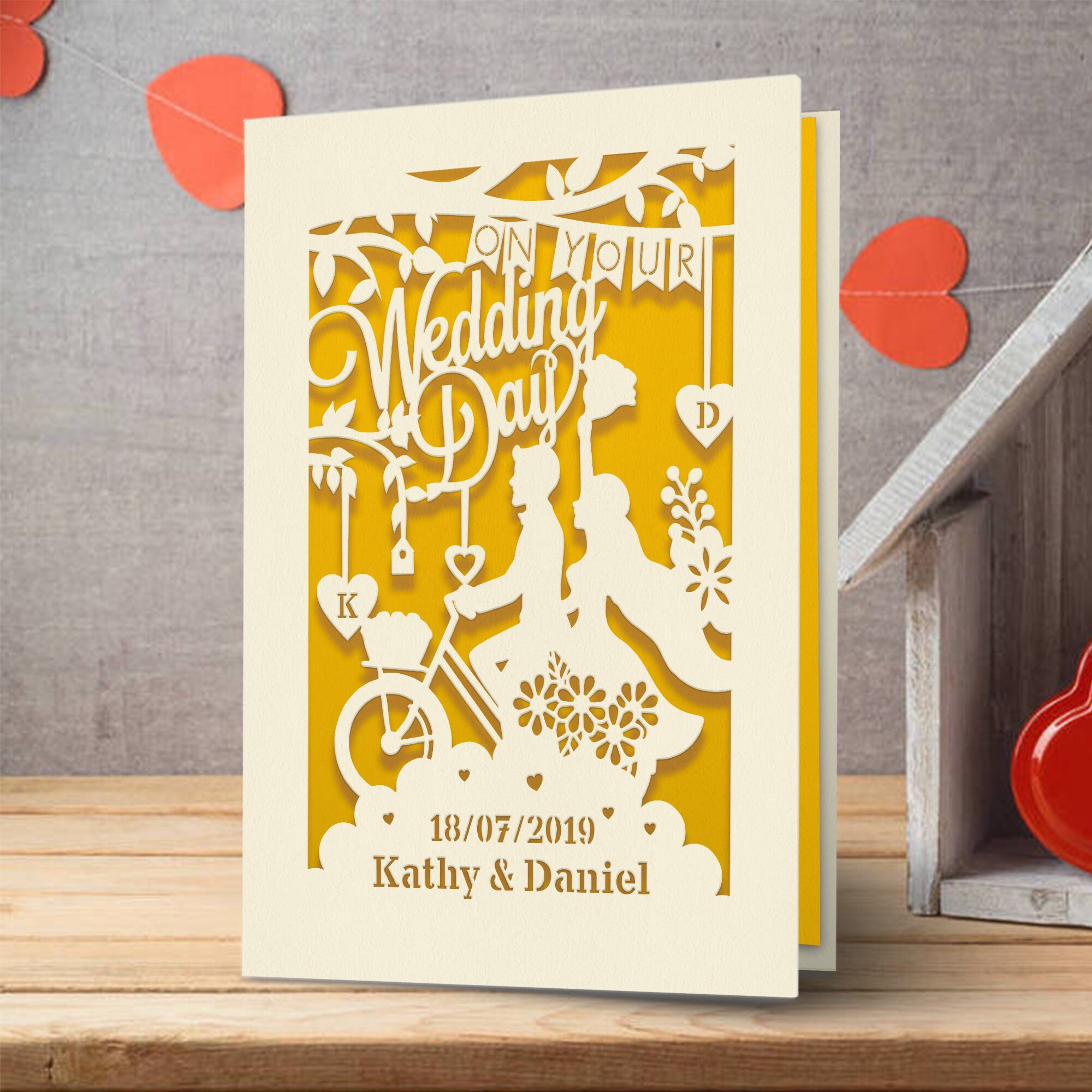 Personalized Wedding Card Custom Wedding Gift With Car and Hearts