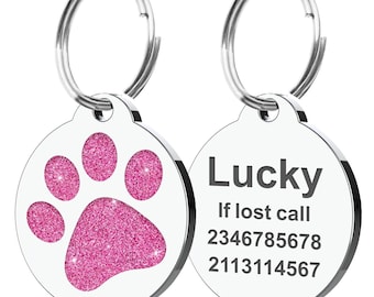 Dog Tags Engraved for Pets Personalized Dog Tag with Any Name & Text Dog Collar Custom Glitter Dog Name Tag Round Dog ID Tag for Puppy Pets