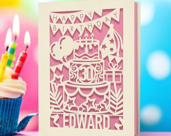 Carte de joyeux anniversaire personnalisée découpée dans du papier, carte de voeux d'anniversaire personnalisée avec n'importe quel nom, tout âge, carte gravée pour 1er 18e 20e anniversaire, cadeau