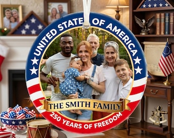 Personalized Family Photo Ornament, America 250 Years of Freedom Keepsake, Custom USA Flag Decor, Patriotic 4th of July Gift, Acrylic Bauble