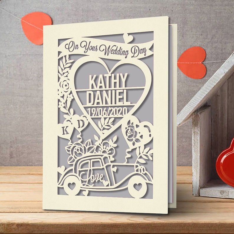 Personalized Wedding Card Custom Wedding Gift With Car And Hearts Design Perfect Gift For New Couple With Their Names And Wedding Date Gray