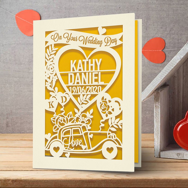 Personalized Wedding Card Custom Wedding Gift With Car And Hearts Design Perfect Gift For New Couple With Their Names And Wedding Date Gold