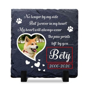 Puede incluir: Una placa conmemorativa de pizarra negra con una foto de un perro en forma de coraz&oacute;n. La placa dice "No longer by my side But forever in my heart My heart will always wear the paw prints left by you...... Bety 2006-2020".