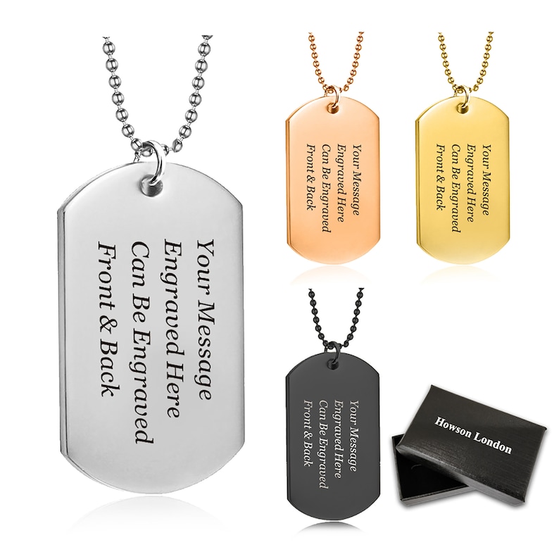 May include: Three silver, gold, and black dog tag necklaces with a black box. The dog tags are engraved with the text "Your Message Engraved Here Can Be Engraved Front & Back".