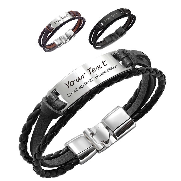 Personalized Mens Bracelets Leather Engraved Bracelet with any text Birthday Father's Day Wedding Christmas Gifts for Him Dad Boy friend