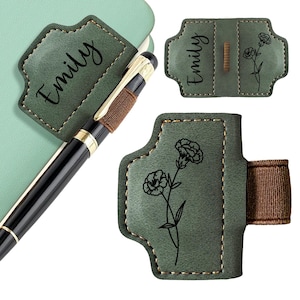 Personalized Magnetic Leather Pen Holder Bookmark, Custom Bookmark Clip with Birth Flower Mothers, Gifts for Men Women Teachers Christmas image 2