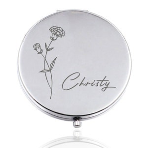 Personalized Compact Mirror Custom Birthday Pocket Mirror Gifts for Women with Birth Month Flower Birthday Gift Christmas Gift with Any Name