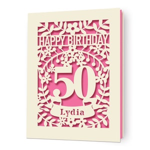 Tarjeta de cumpleaños personalizada, corte de papel láser, tarjeta de cumpleaños con flores de edad especial, cualquier nombre, cualquier edad, 1, 16, 21, 30, 50, 70, 80 imagen 8