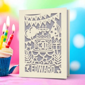 Personalized Happy Birthday Card Paper Cut Custom Birthday Greeting Card With Any Name Any Age Engraved Card For 1st 18th 20th Birthday Gift Gray