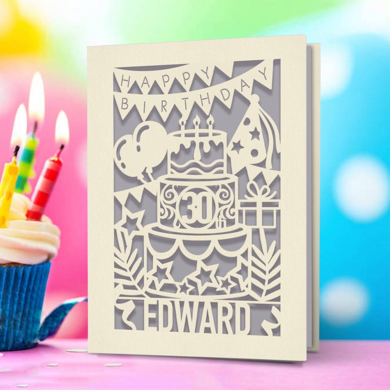 Personalized Happy Birthday Card Paper Cut Custom Birthday Greeting Card With Any Name Any Age Engraved Card For 1st 18th 20th Birthday Gift Gray