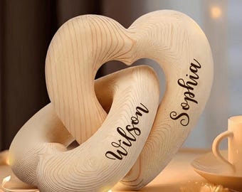 Personalized Interlocking Wooden Hearts, Custom Engraved Wood Heart with Names, 5th Wedding Anniversary Keepsake Gifts for Couples
