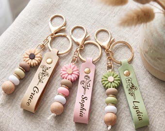 EDSG Personalized Keychain, Custom Beaded Daisy Keyring Engraved Leather Keychain with Name & Birth Flower, Key Chain Gifts