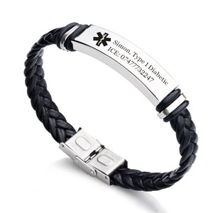 Personalized Mens Bracelets Leather Engraved Bracelet with any text Emergency Identity Bracelet for Dad Mum  Grandad Grandma