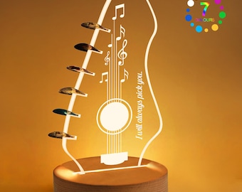 Personalized Light Up Guitar Pick Holder, 7 Colors LED Guitar Pick Holder for Picks Storage and Display, Headstock Shaped Guitar Accessories