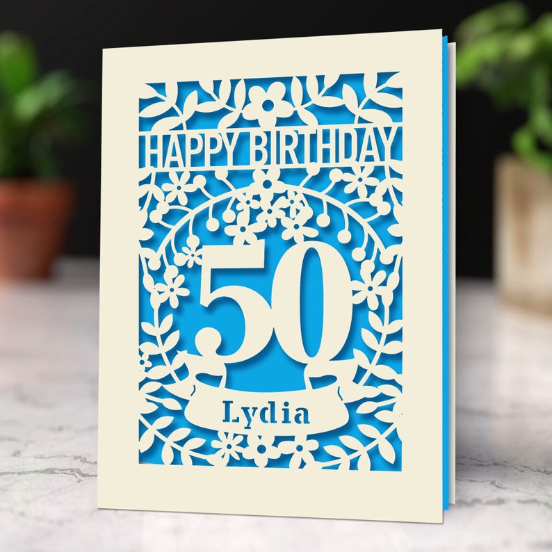 Personalized Birthday Card Laser Paper Cut Special Age Flower Birthday Card Any Name Any Age 1st 16th 21st 30th 50th 70th 80th Deep Blue