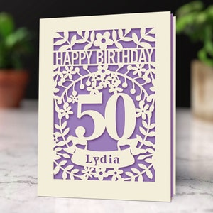 Tarjeta de cumpleaños personalizada, corte de papel láser, tarjeta de cumpleaños con flores de edad especial, cualquier nombre, cualquier edad, 1, 16, 21, 30, 50, 70, 80 Lilac Purple