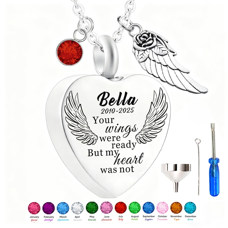 May include: A silver heart-shaped pendant necklace with engraved wings and the text "Bella 2010-2025 Your wings were ready But my heart was not." Includes a red gemstone, a rose and wing charm, and a set of tools.