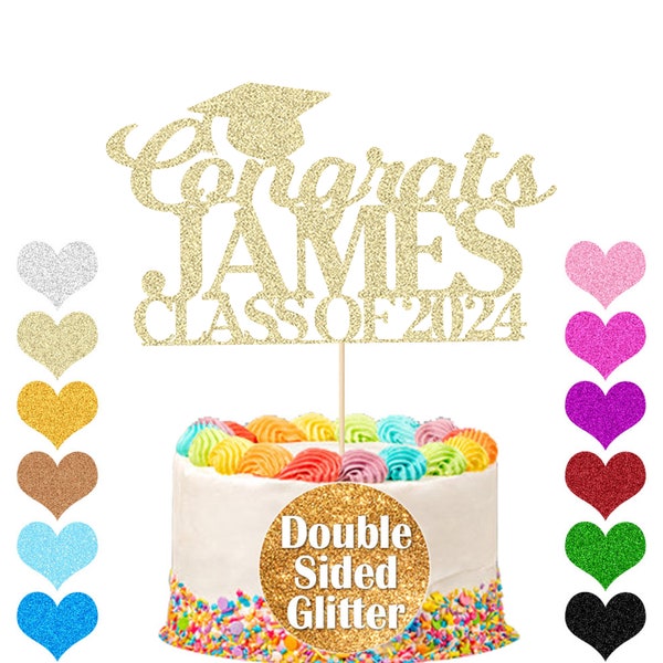 Custom Congrats Graduation Cake Topper Any Name Personalized Multicolours Double Sided Glitter Card Hand Finished in US