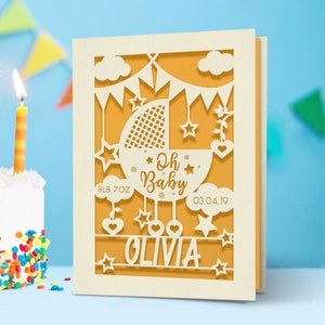 Personalised Welcome New Baby Card Laser Paper Cut Greeting Cards Custom Any Name Any Date New Baby Cards Gift For Baby