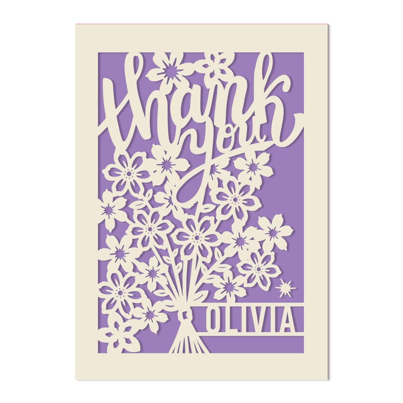 May include: A purple card with a white cut-out design of flowers and the words "thank you" with the name "OLIVIA" at the bottom.