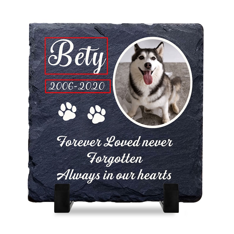 Puede incluir: Memorial de mascota de pizarra negra con una foto de un perro husky. El memorial tiene el texto "Bety 2006-2020" y "Forever Loved Never Forgotten Always in our hearts".