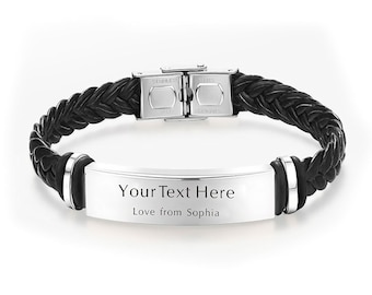 Personalized Mens Bracelets Custom Bracelet with any text Birthday Father's Day Wedding Engraved Leather Bracelets for Husband Boyfriend Him