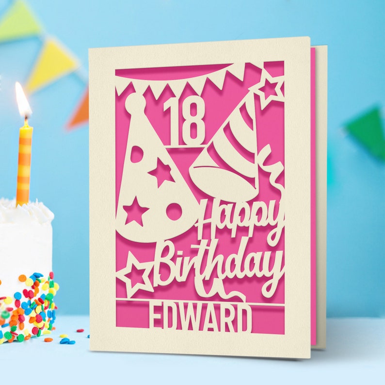 Personalized Happy Birthday Card Paper Cut Happy Birthday Card for Him Her Women Girl Boy Men Custom Gift with Envelope 16th 18th 21st 30th Fuchsia