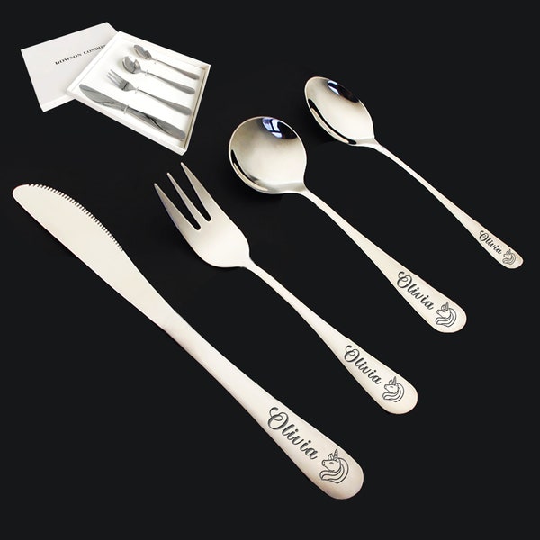 Personalized Cutlery Set for Kids Toddler Childrens Custom 4pcs Engraving Name Dinner Forks Knives Spoons Stainless Steel Flatware for kids