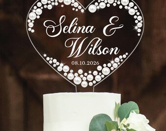 Personalised Wedding Cake Topper, Mr and Mrs Acrylic Cake Toppers Wedding Cake Decorations with Rhinestones and Pearls