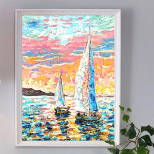 Yacht Painting Sailboat Original Art Ocean Sunset Wall Art California Beach Landscape Impasto Abstract Artwork 10-10&quot; by Tolstykh