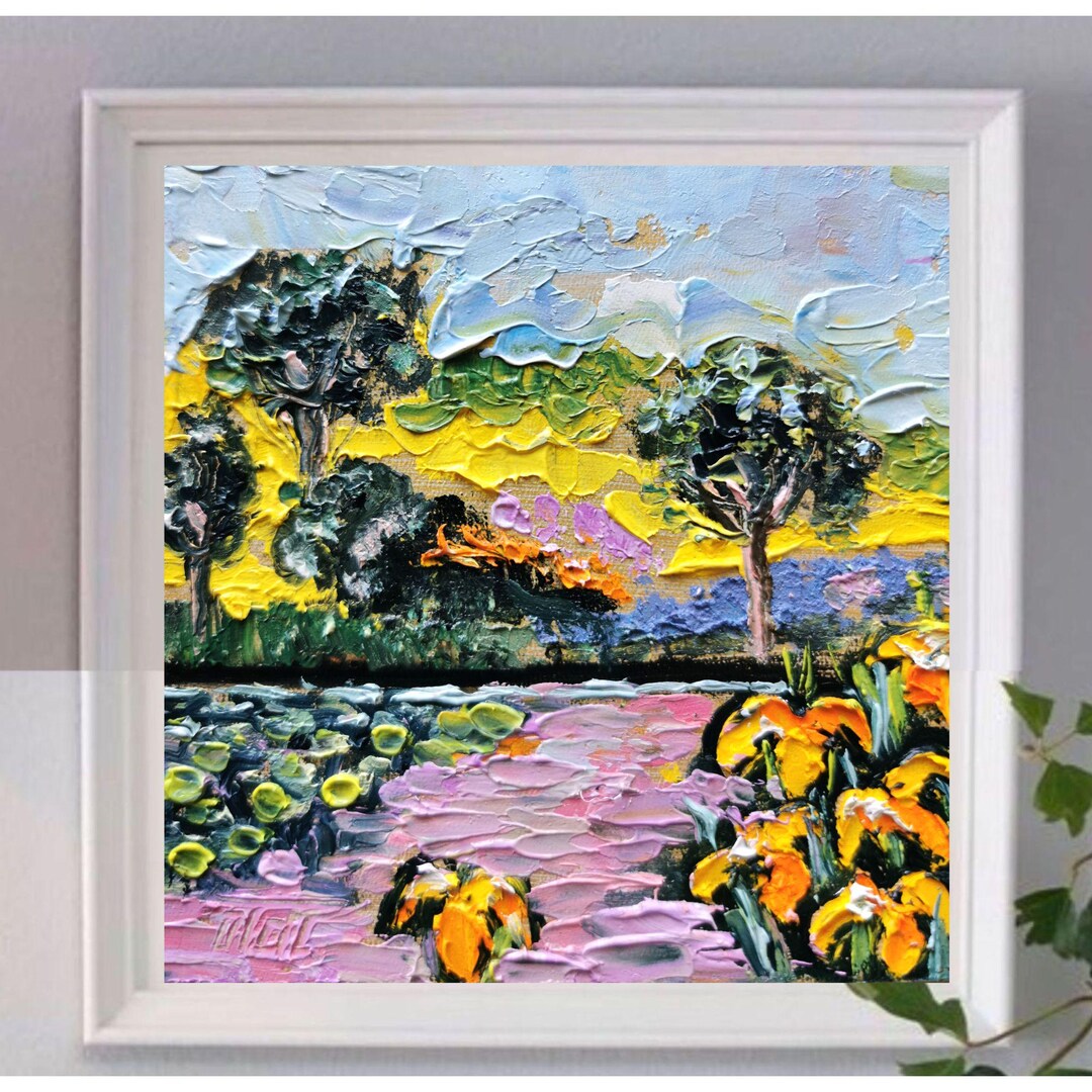 Irises Oil Painting Sunset Lake Original Art Wall Art Pink Flowers ...