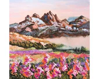 Pintura al óleo de flores de montaña: Arte paisajístico de flores silvestres empastadas