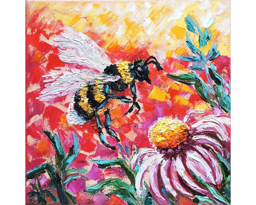 Honey Bee Painting Floral Original Art Bee Artwork Daisy - Etsy