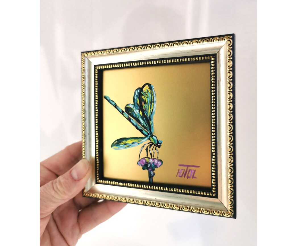Dragonfly Oil Painting With Gold Framed Original Art Insect Gold ...