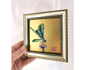 Peinture libellule verte avec encadré or Original Art insecte fond or animal empâtement miniature peinture à l'huile petite oeuvre 4-4"