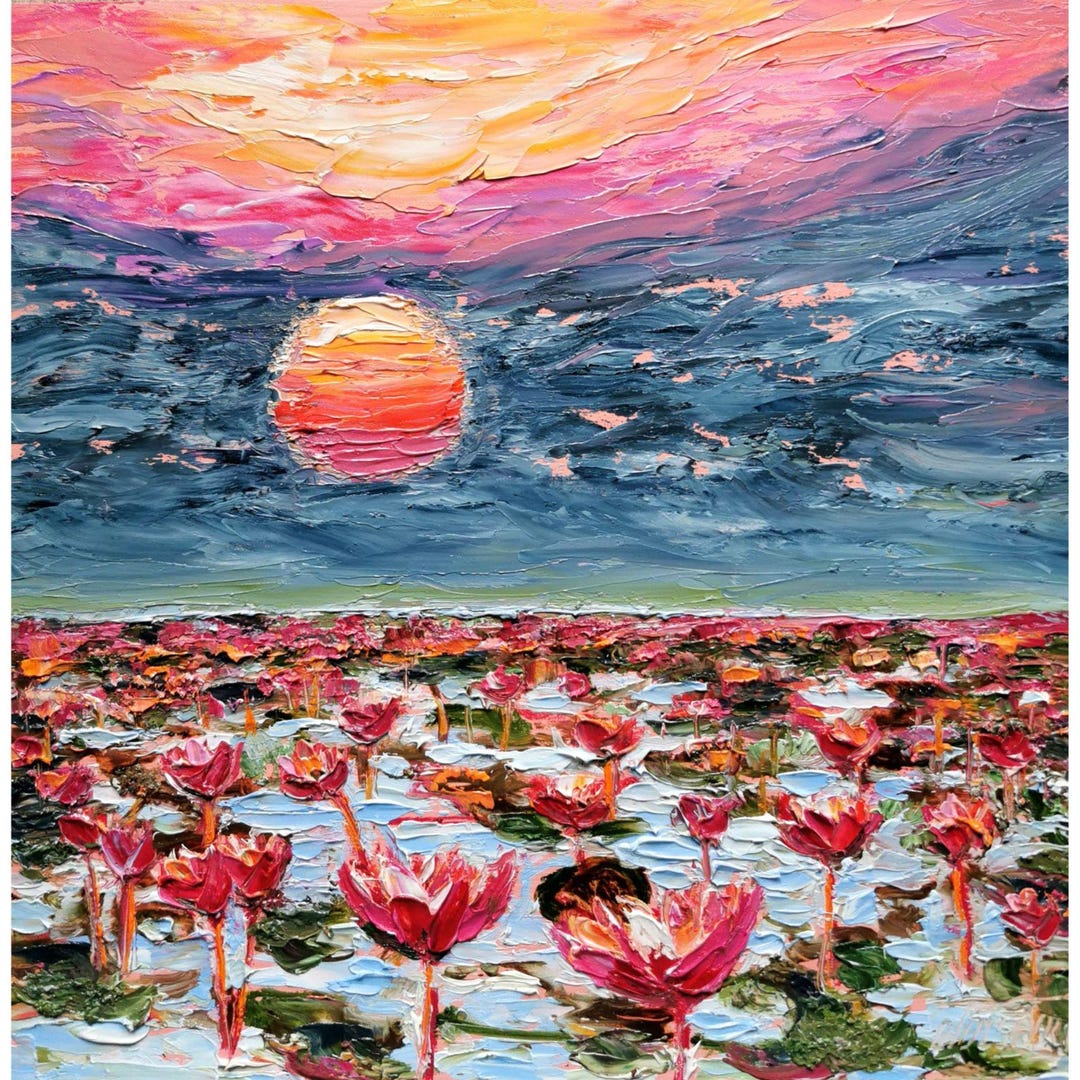 Lotus Oil Painting Water Lilies Original Art Lake Landscape Wall Art ...