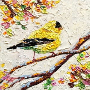Goldfinch Bird Painting Animal Original Art American Bird Wall Art Floral Impasto oil painting Small Bird 6 by 6  by Tolstykh