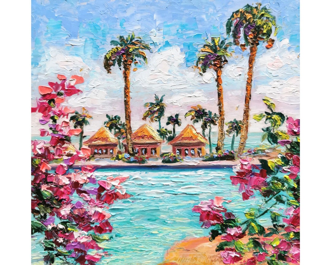 Beach Bungalow Painting Maldives Original Art Bougainvillea Wall Art ...